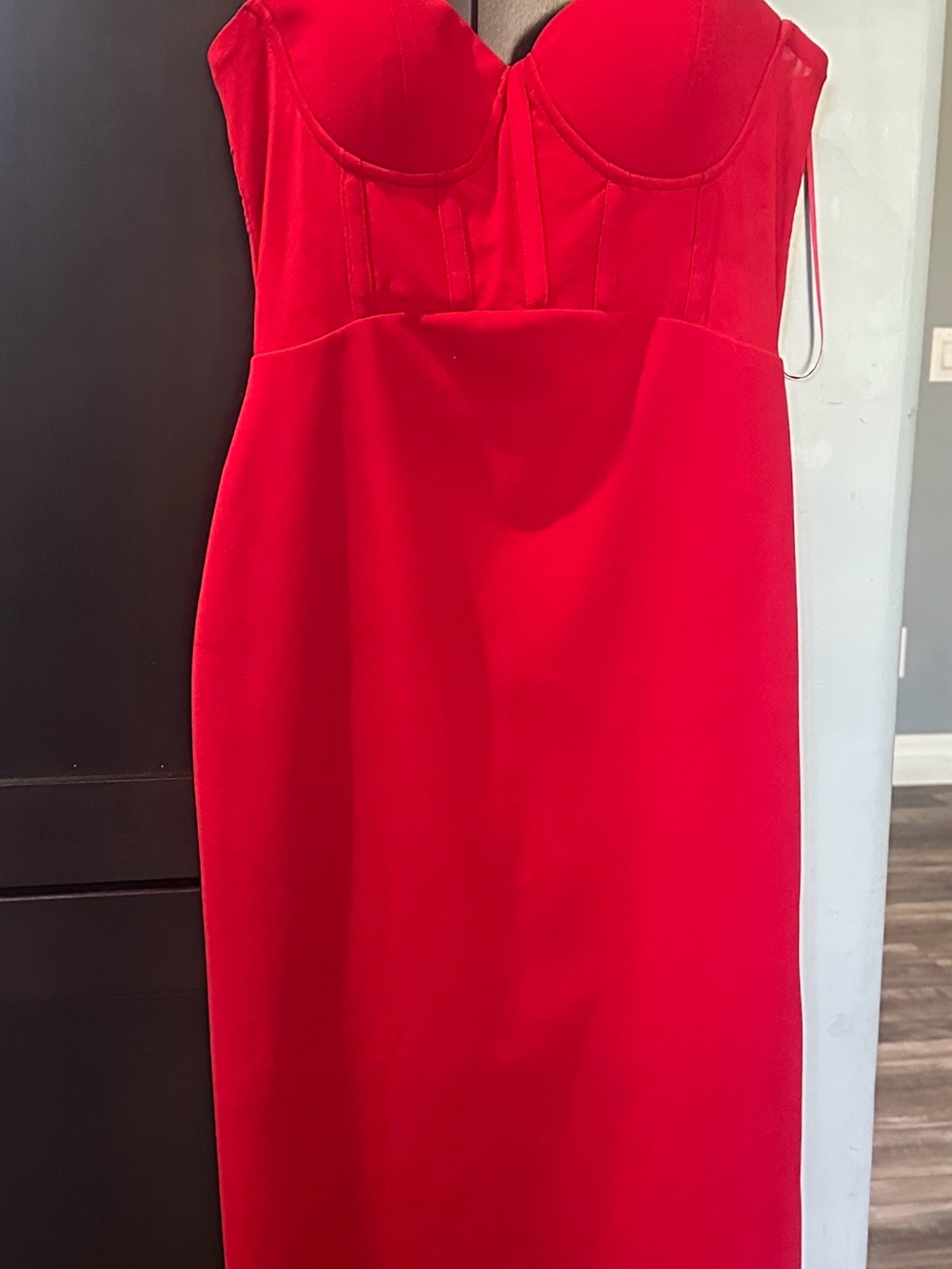 Astr Strapless Red Bustier Midi Dress
